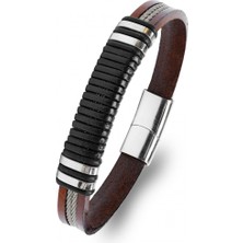 Karpınar Çelik Takı Orijinal Deri ve 316L Çelik Siyah-Kahverengi Erkek Bileklik