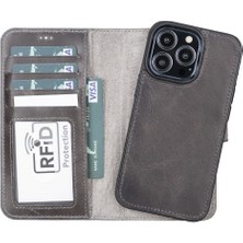 Sinerjim Apple iPhone 13 Pro Uyumlu Deri Cüzdanlı Kılıf MWWN TN1 Gri