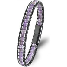 Karpınar Çelik Takı Ametist &amp; Hematit Çelik Örgülü Deri Bileklik