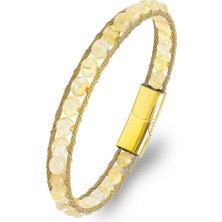 Karpınar Çelik Takı Titanyum Kilitli Sitrin Doğaltaş ve 316L Çelik Halat Örme Erkek Bileklik