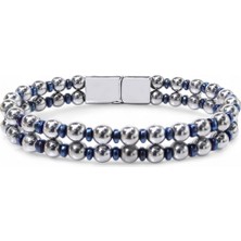 Karpınar Çelik Takı Çift Gümüş ve Mavi Renk Hematit Çelik Bileklik