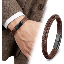 Karpınar Çelik Takı Kahve &amp; Kahve Saç Örgülü Deri ve Çelik Bileklik