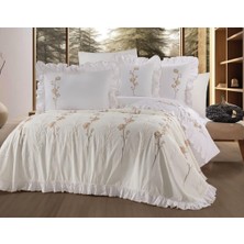 Dionisos Home Tekstil Nakışlı Fırfırlı Gelin Seti - Pamuklu Nevresim Takımı 8 Parça Çift Kişilik-Bej