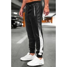 Oksit Perni Erkek Siyah Slim Fit Degrade Şeritli Fermuar Cepli Jogger Eşofman Altı