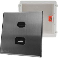 MERALLI INOX USB + USB Type-C güç prizi (20W), hakiki fırçalanmış paslanmaz çelik, çerçevesiz 86×86 Düz kasa dahil