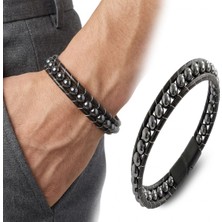 Karpınar Çelik Takı 6mm Hematit Taşlı Deri Kordon ve Çelik Bileklik