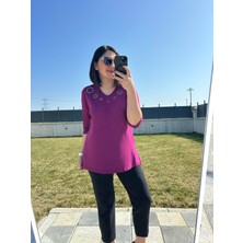 Kadın Büyük Beden Taş Detaylı Mor BLUZ-BGB123 - Charamela