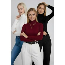 İmaj Butik Bordo - Ekru - Siyah 3'lü Paket Balıkçı Yaka Triko Body Kazak