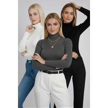 İmaj Butik Füme - Ekru - Siyah 3'lü Paket Balıkçı Yaka Triko Body Kazak