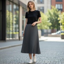 Eren Style Pileli Pamuklu Diyagona Beli Lastikli Etek(95 Cm)-(38-50)