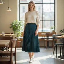 Eren Style Pileli Pamuklu Diyagona Beli Lastikli Etek(95 Cm)-(38-50)