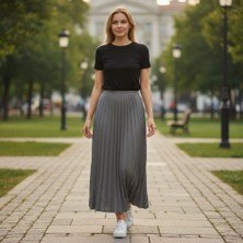 Eren Style Pileli Pamuklu Diyagona Beli Lastikli Etek(95 Cm)-(38-50)