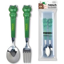 Jojobebek Yeşil Renk Kurbağa Figürlü Premium Çocuk Bpa Free Paslanmaz Çelik Uçlu Çatal-Kaşık Set 24+ Ay