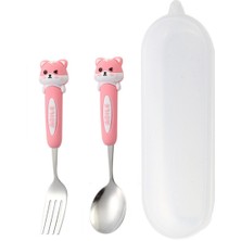 Jojobebek Pembe Renk Tavşan Figürlü Premium Çocuk Bpa Free Paslanmaz Çelik Uçlu Çatal-Kaşık Set 24+ Ay