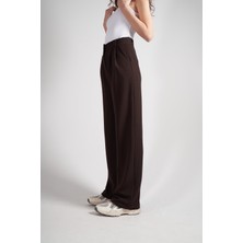 Ambar Bol Paça Krep Kumaş Pantolon Kahve
