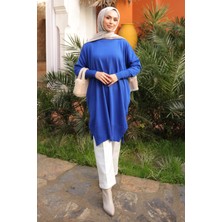 İmaj Butik Saks Mavi Salaş Kalıp Uzun Boy Triko Tunik