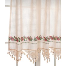 Tuncay Tekstil Buldan Işi Kırmızı Kanaviçeli El Dantelli Keten Kanaviçe Perde