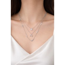 Huma Butik Takı Aksesuar Ay ve Tektaş Detaylı Gümüş Renk Üçlü Kolye Seti
