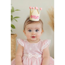 Niksy Design One Pembe Ponponlu Mini Doğum Günü Tacı - 1 Yaş Kız Bebek Parti Şapkası