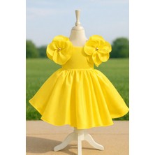 Musgem Özel Tasarım Sarı Çiçek Detaylı Saten Kız Çocuk Abiye Elbise