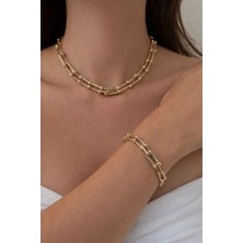 Huma Butik Takı Aksesuar Gold Detaylı Çelik Kolye & Bileklik Seti – Taşlı Modern Zincir Set