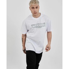 Alfanora Unisex Bisiklet Yaka Baskılı Oversize T-Shirt - Beyaz