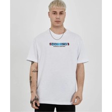 Alfanora Unisex Bisiklet Yaka Baskılı Oversize T-Shirt - Beyaz