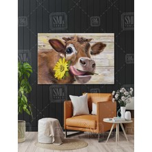 SML Tablo Ağzında Sarı Çiçek Şirin Buzağı Yavru Inek Yatay Kanvas Tablo