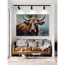 SML Tablo Boynuzlu Kahverengi Inek Boğa Angus Yatay Kanvas Tablo