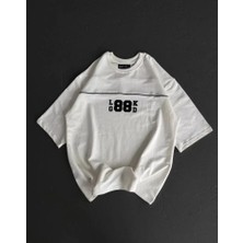 Gökyüzü Moda Unisex Bisiklet Yaka Baskılı Oversize T-Shirt - Beyaz