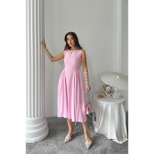 Livizmir Moda Pembe Yanları Büzgülü Midi Boy Keten Elbise