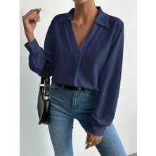 Livizmir Moda Kadın V Yaka Uzun Kollu Mosskrep Kumaş Bluz