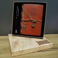 Zenvia Kahverengi Pusula Tasarım Deri Defter ve Siyah Kalem Seti ZNV-254110