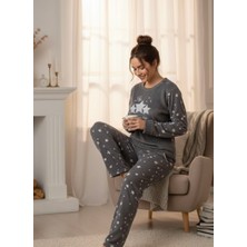 Gri Yıldız Desenli Sıcak Tutabilen Polar Takım (Uyku Bandı Hediyeli)