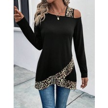 Arben Boutique Kadın Tek O Uzdan Açık Askılı Uzun Kollu Leopar Detaylı Viskon Bluz