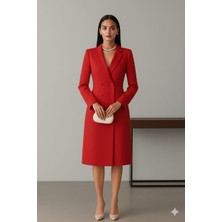 Nake Butik Kırmızı Çift Düğmeli Ceket Yaka Blazer Elbise