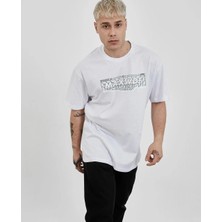 Mzp Kartan Unisex Bisiklet Yaka Baskılı Oversize T-Shirt - Beyaz