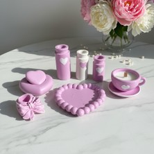 Çiçekli Atölye El Yapımı Pembe Kalp Detaylı Set 7 Set, Dekoratif Obje, Hediyelik, Vazo,mum, Bubble Tabak, Kutu