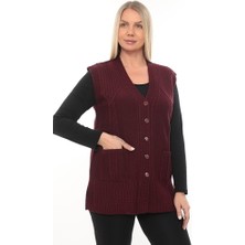 İKSUN Kadın Düğmeli Cepli V Yaka Örgü Yün Anne Triko Kışlık Yelek