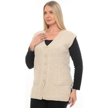 İKSUN Kadın Düğmeli Cepli V Yaka Örgü Yün Anne Triko Kışlık Yelek