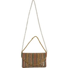 Ayshan Pul Detaylı Çizgi Desenli Altın Abiye Çanta