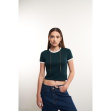 Ambar Kısa Kol Ribana Basic Bluz Koyu Yeşil