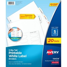 Big Tab Yazdırılabilir Beyaz Etiket Ayırıcılar, Kolay Soyulur, 5 Sekme, 20 Set (14434)