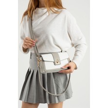 Asel Çanta,kilit Detaylı,üç Gözlü ,baget beyaz gri  Kadın Kol ve Çapraz Çantası