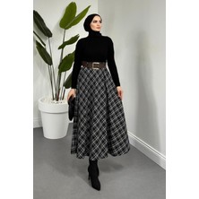 Merven Akyüz Hare Kemerli Ekose Desen Etek Black