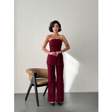 Ayshan Kadın Abiye Ip Bağlamalı Straplez Bol Paça Uzun Tulum Bordo