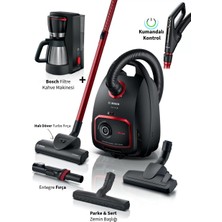 Bosch 10 Yıl Motor Garantili Kumandalı Kontrol Turbo Halı Döver Başlıklı Serie 6 Propower 850 W Toz Torbalı Süpürge + Bosch Filtre Kahve Makinesi