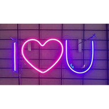 I Love You Kalpli Neon LED Lacivert Pembe 40 x 19 cm
