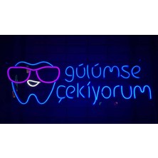 Gülümse Çekiyorum Neon LED Tabela Diş Klinik Hastane Hekim LED Tabela 80 x 30 cm Koyu Mavi Pembe