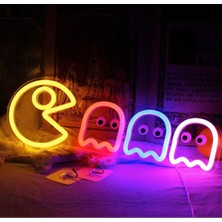 Pacman Gece Lambası Neon Tabela Oyun Dekoru Duvar Süsü 40 x 15 cm